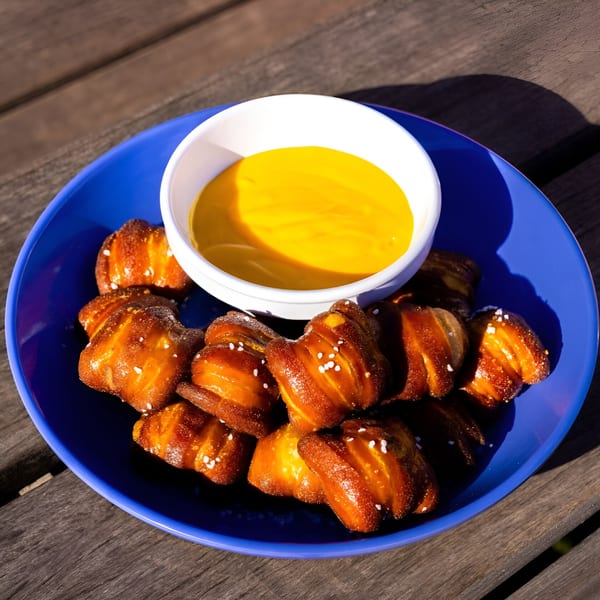 Soft pretzel bites with salt and a side of yellow cheese dip in a blue bowl.